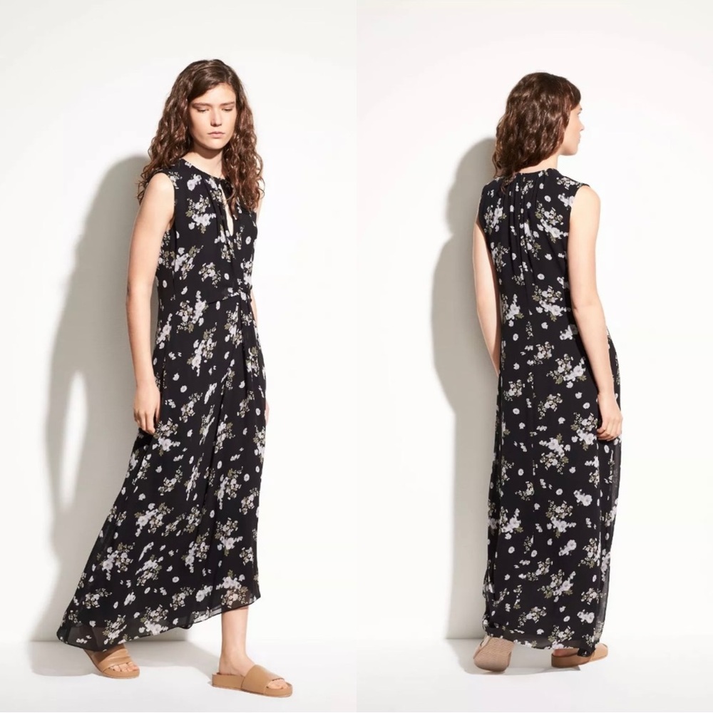 Vince Floral Silk Knot Front Sleeveless Midi Dress